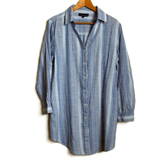 Club Z Striped Cotton Button-Front Beach Cover-Up / Shirt Dress - Picture 2 of 12